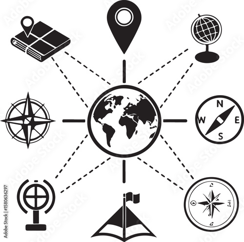 Globe compass map book sailboat location pin navigational tools vector