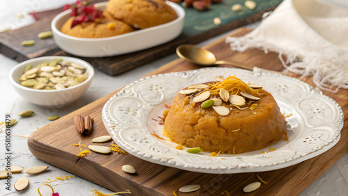 Garnished Gram Flour Halwa (Besan) – South Asian Sweet Dish with Dry Fruits on Plate