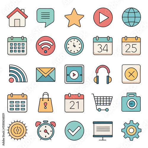Collection of Colorful App Icons: A vibrant collection of flat design app icons representing various functions and features, perfect for web design or app development.