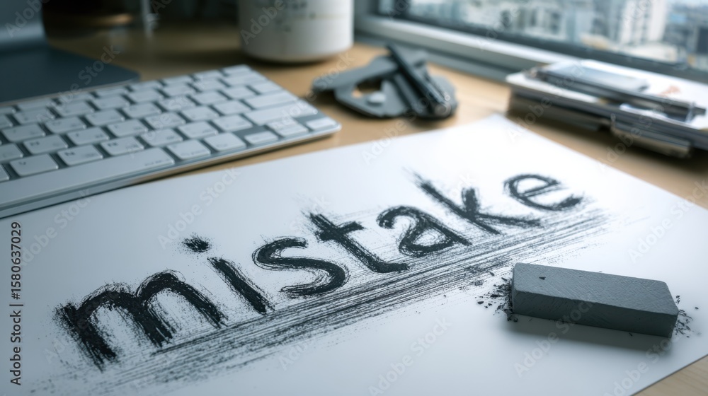 Fototapeta premium Conceptual image of mistake and correction on a desk with eraser and keyboard