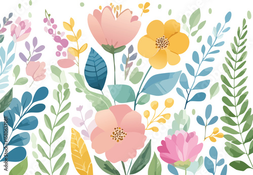 Seamless spring floral pattern with pink tulips and diverse blossoms, a beautiful nature vector illustration