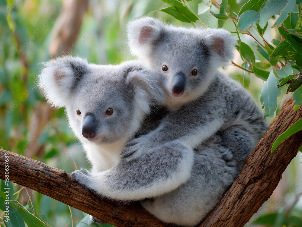 Fototapeta premium 木の枝で寄り添う愛らしいコアラの親子の姿