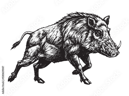 Engraved wild boar charging forward with curled tusks muscular frame and thick bristled hair