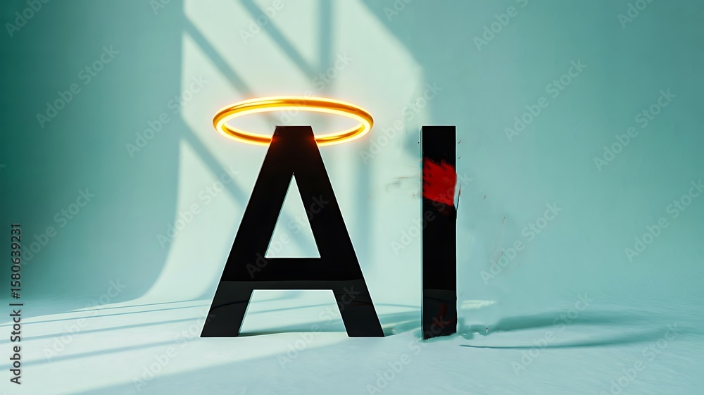 Naklejka premium Artificial intelligence concept with angel halo and devil horns symbolizing good and evil technology 