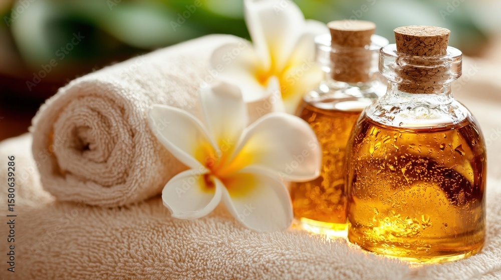Bottles of Golden Massage Oil with Rolled White Towel and Delicate White Flowers Bottles of Golden Massage Oil with Rolled White Towel and Delicate White Flowers
