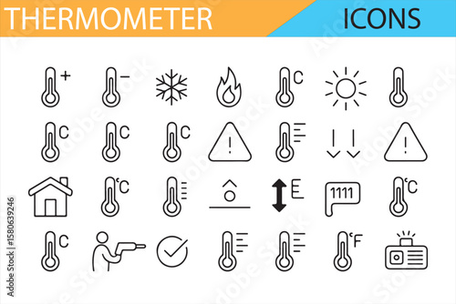Collection of thermometer icons for Fahrenheit, Celsius, and infrared readings.

