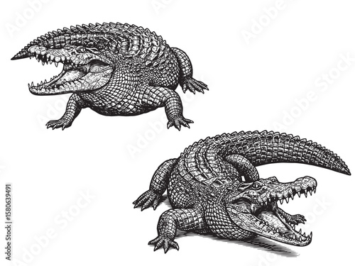 Engraved crocodile lunging with massive jaws and heavy textured body in traditional engraving style