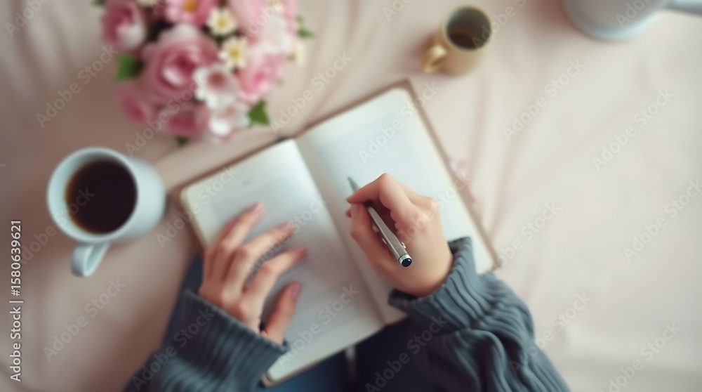 Obraz premium Woman Writing in Journal with Coffee and Flowers A Cozy Moment of Self-Reflection