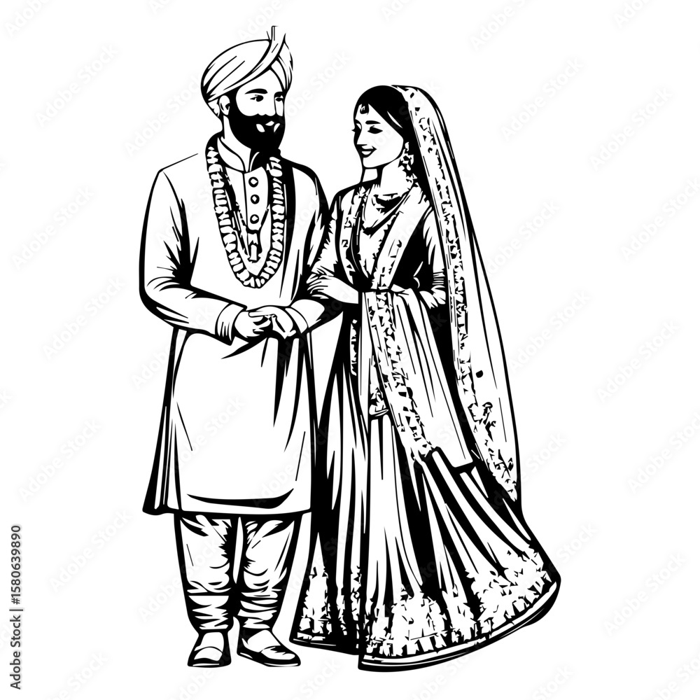 Punjabi Wedding Couple, Happy Indian Couple In Traditional Wedding Attire Punjabi Wedding Couple, Happy Indian Couple In Traditional Wedding Attire