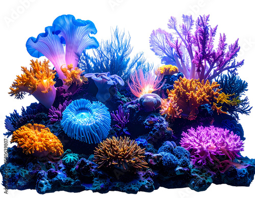 Untitled design - Fantasy Coral Reef Scene with Bioluminescent Elements, Generative AI Art, Isolated on Transparent Background PNG