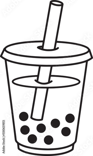 Simple line art illustration of a delicious boba tea cup with straw and tapioca pearls