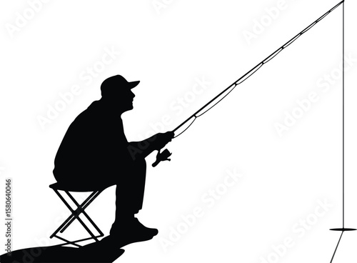 Silhouette of a fisherman casting a fishing rod with a calm water background
