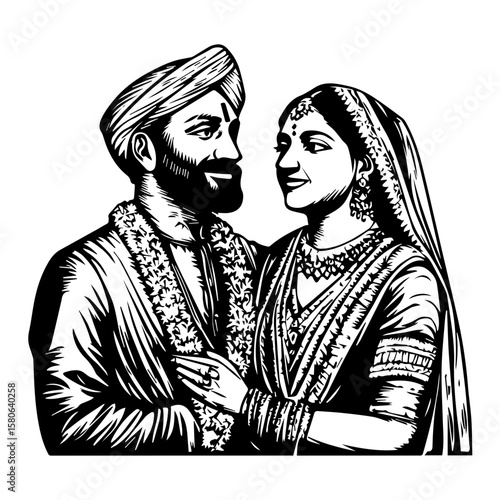 Punjabi Wedding Couple, Happy Indian Couple In Traditional Wedding Attire