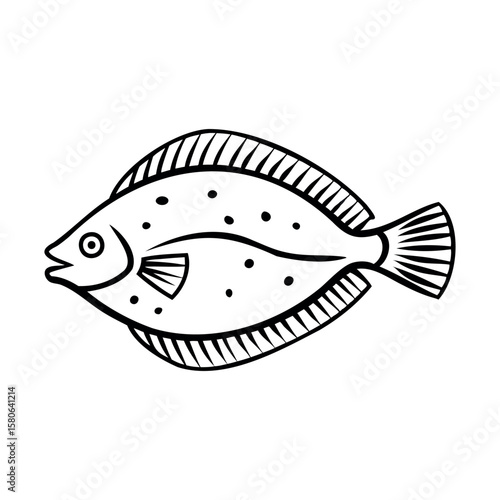 A simple black and white illustration of a flatfish with a rounded body and distinct spots. The fish is oriented sideways, showcasing its unique shape.