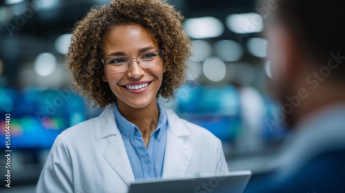 Female genetic health consultant reviewing DNA test results with patient using digital interface in modern laboratory environment