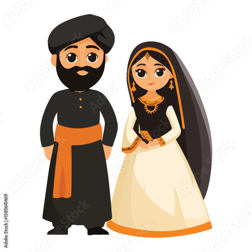 Punjabi Wedding Couple, Happy Indian Couple In Traditional Wedding Attire