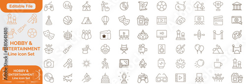 Entertainment and hobby linear icons collection. Big set of more 80+ thin line icons in black. Entertainment and hobby black icons. Line icon set. and Editable file