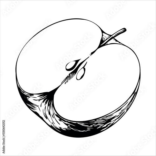 A detailed illustration of a halved apple, showcasing its seeds and texture. The apple is depicted in black and white, emphasizing its shape and internal structure.