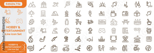 Entertainment and hobby linear icons collection. Big set of more 80+ thin line icons in black. Entertainment and hobby black icons. Line icon set. and Editable file