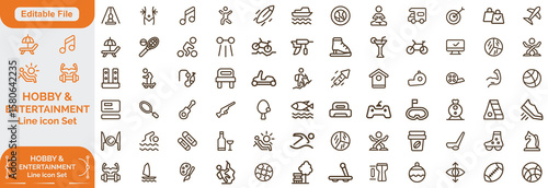Entertainment and hobby linear icons collection. Big set of more 80+ thin line icons in black. Entertainment and hobby black icons. Line icon set. and Editable file