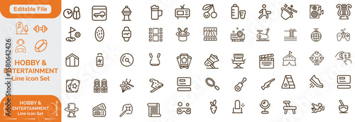 Entertainment and hobby linear icons collection. Big set of more 80+ thin line icons in black. Entertainment and hobby black icons. Line icon set. and Editable file