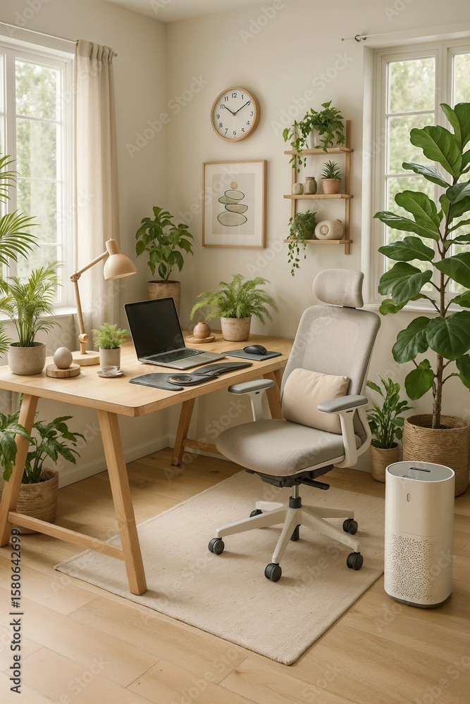 Fototapeta premium Bright plant-filled workspace with modern desk and office chair