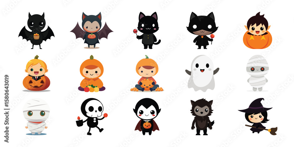 Obraz premium Vector art of a playful collection of halloween characters and spooky icons