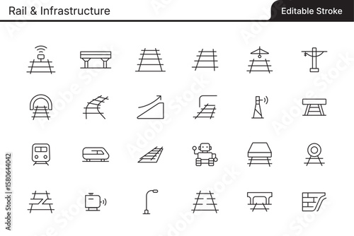 Rail & Infrastructure editable vector line icons collection. Editable vector lines for flexible adjustments