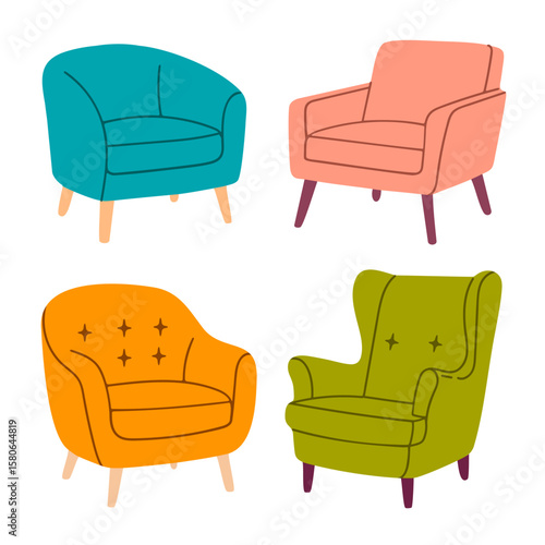 Set of armchairs featuring pink, green, teal, and orange seats