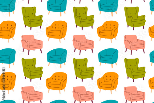 Seamless repeating pattern with green, orange, pink, and teal upholstered chairs