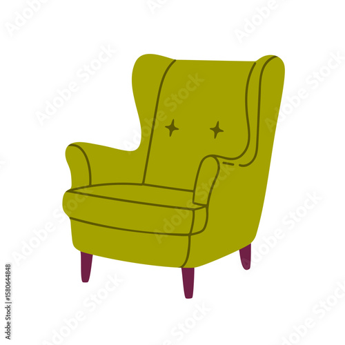 Comfortable green upholstered armchair with high back and button accents for living spaces