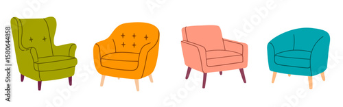 Collection of four upholstered armchairs in green, orange, pink, and teal for furniture and interior concepts
