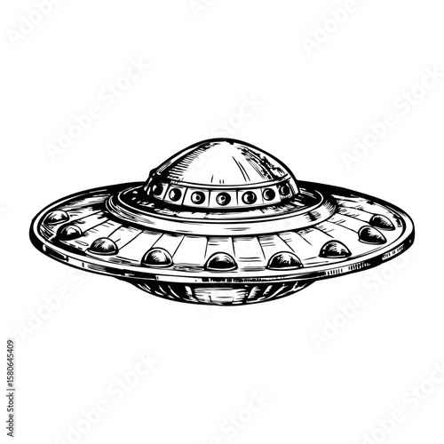 A detailed illustration of a classic flying saucer, featuring a domed top and circular base with multiple lights around the edge. The design is retro and reminiscent of 1950s sci-fi.