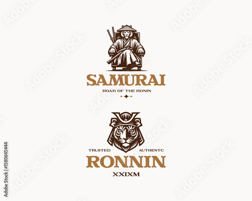 Strong assassin samurai tiger warrior using katana logo template 