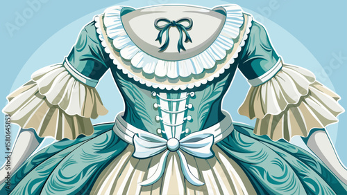 Colonial dress from Massachusetts showcases a lace-up corset, petticoat, and ruffled bonnet, perfect for capturing American historical elegance in a richly detailed vector illustration.