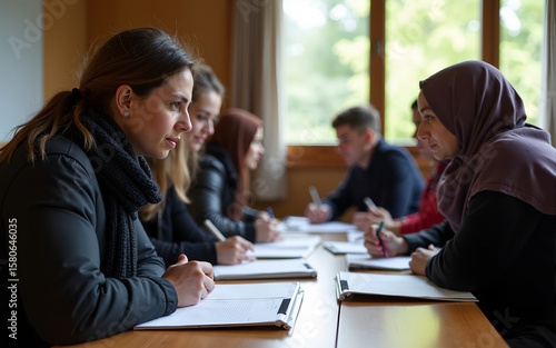 Language training for refugees in a German camp. High quality