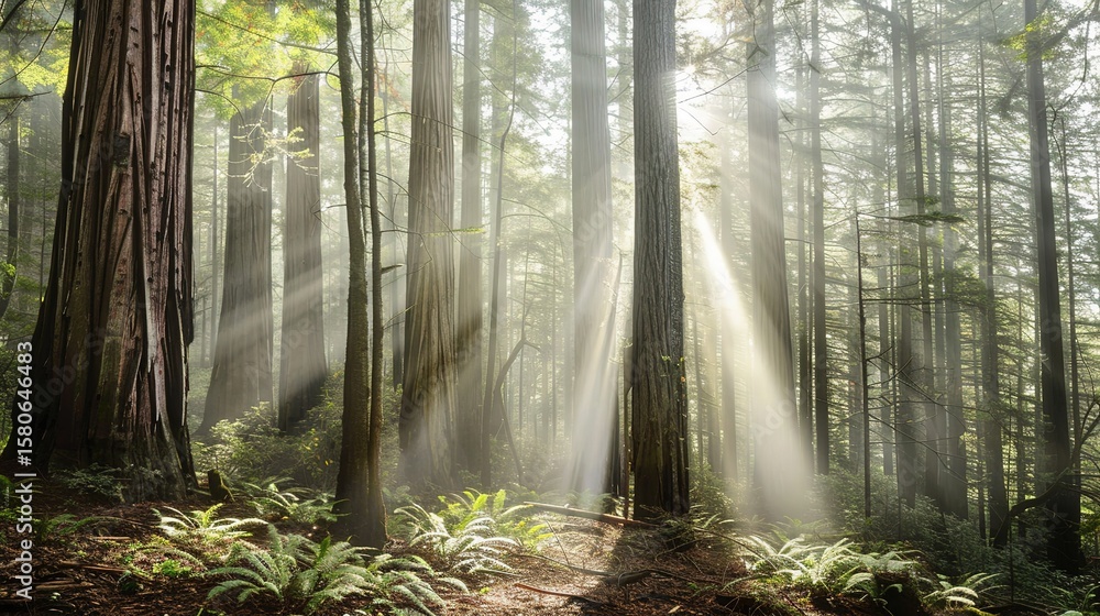 Obraz premium Misty Red-Barked Forest with Sunlight Penetrating Through Ancient Canopy, A Scene of Primeval Serenity