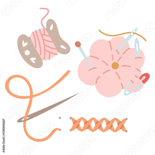 set of needlework illustrations with pins, threads wound on a carved base, and a cross-stitch pattern with a needle on a white background. Tools for sewing, handicrafts, hobbies, and workplace crafts.