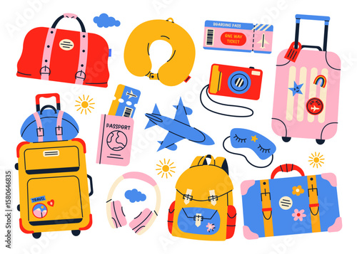 Vacation baggage sticker elements in funky doodle style. Suitcases, tickets, passport, hand luggage and travel accessories. Trip by plane concept. Cartoon vector illustration. 