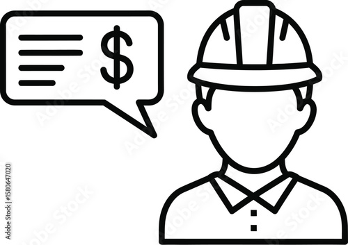 Construction worker with hard hat and dollar sign speech bubble icon.