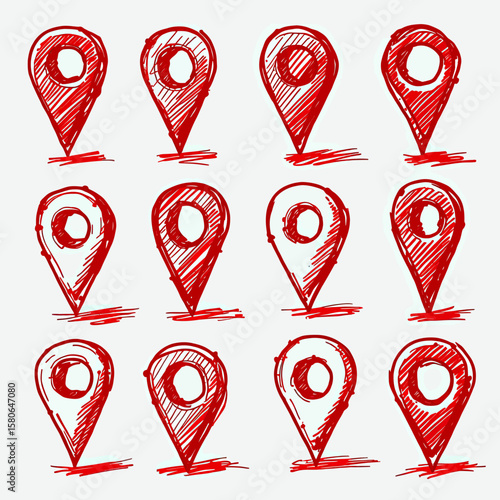 Artistic collection of hand-drawn red map pin icons in various sketchy styles, offering a unique, organic feel for creative mapping, personalized content, and informal digital guides.
