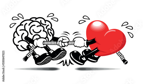 Brain and Heart tug of war. The fight between mind and feelings. Cartoon vector on transparent background
