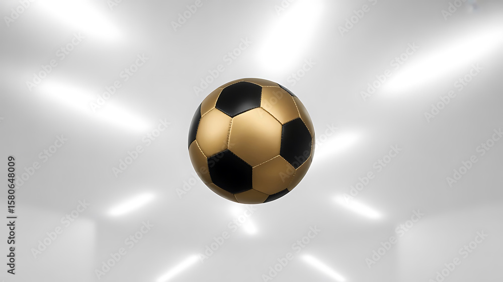 Naklejka premium Elegant Golden Soccer Ball Floating in a White Light Filled Room An Exhibition of a Champion's Sphere