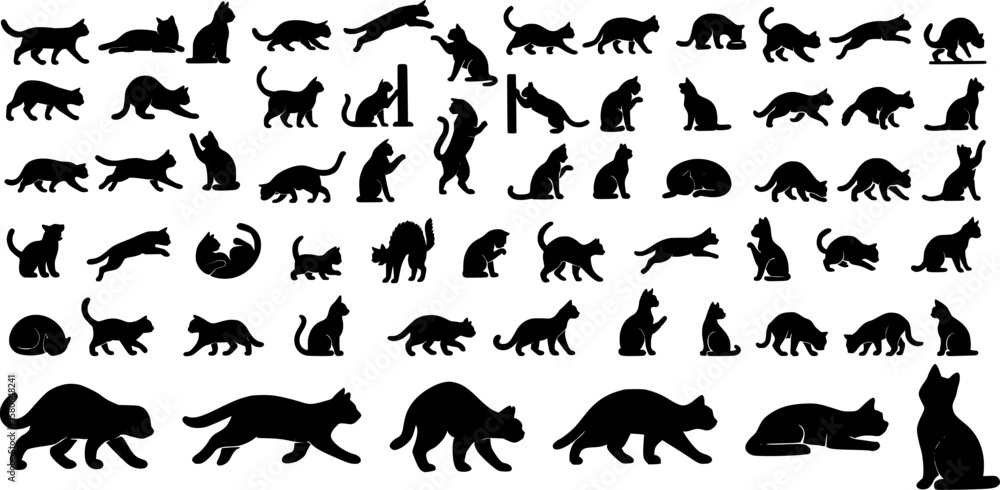 Naklejka premium Cat Silhouette Stroke Icon Collections. Containing Sitting, Walking, Jumping, Sleeping and more cat poses. Editable outline icon collection.