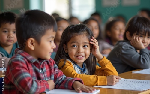 Migrant children attending school for the first time, expressions of curiosity and excitement, sense of educational opportunity and inclusion, classroom setting with diverse students. High quality