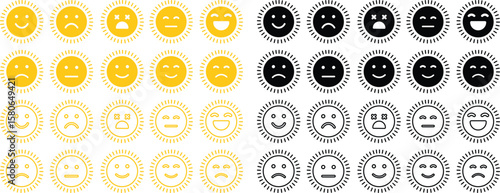 sun icon set in emoji shape Cute Cartoon Sun Character Smiling Face Sunshine Rays, and Playful Emotions for Kids’ Summer Design and Positive Vector