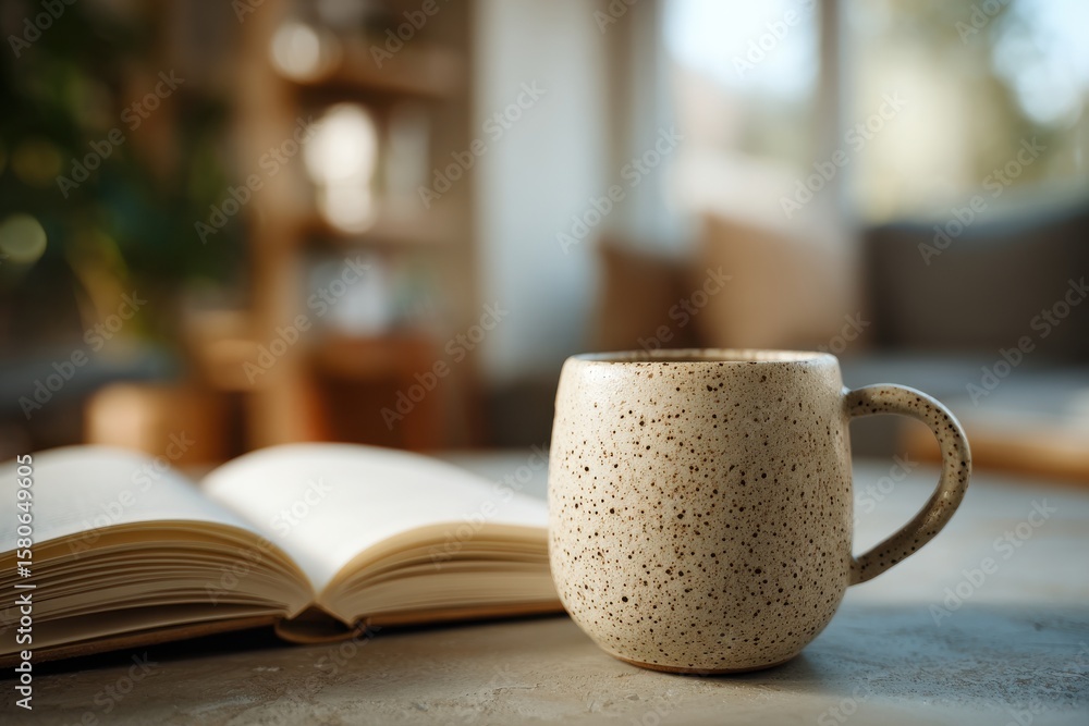 Textured beige ceramic coffee mug beside open notebook on rustic table, warm sunlight creating cozy home office atmosphere ideal for branding concepts. Textured beige ceramic coffee mug beside open notebook on rustic table, warm sunlight creating cozy home office atmosphere ideal for branding concepts.