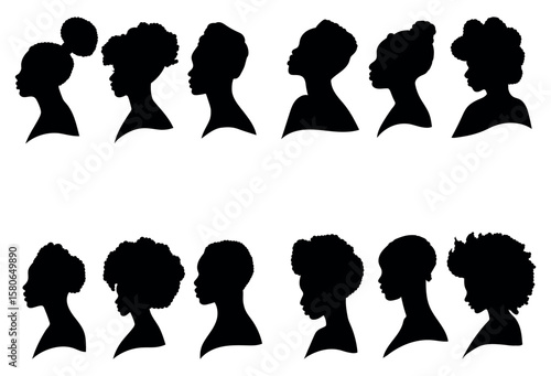 Set of silhouette afro girl. Collection of black woman face with stylized hairstyle. Vector illustration of girl head with stylized haircut.