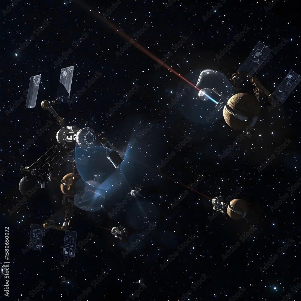 Naklejka premium Satellite-Based Space Debris Removal Robots Using Laser Systems for Orbital Cleanup in Futuristic Space Environment