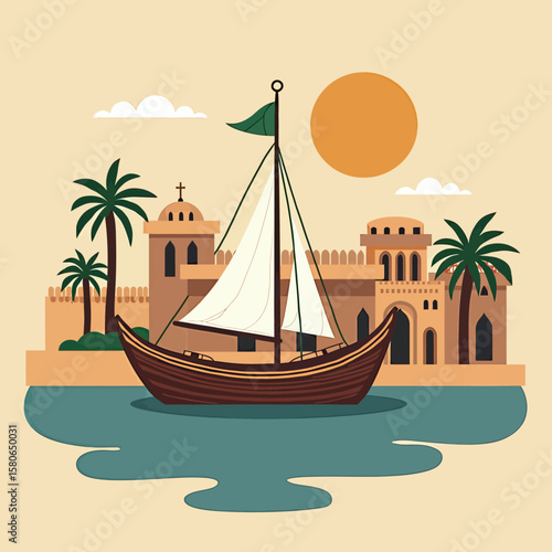 Experience the tranquil beauty of a traditional dhow sailing by an ancient Middle Eastern city and palm trees at sunset, perfect for cultural travel.
